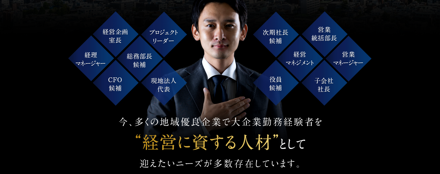 今、多くの地方優良企業で大企業勤務経験者を「経営に資する人材」として迎えたいニーズが多数存在しています。